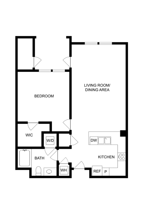 Floor plan for 1 bed, 1 bath, 844 sqft